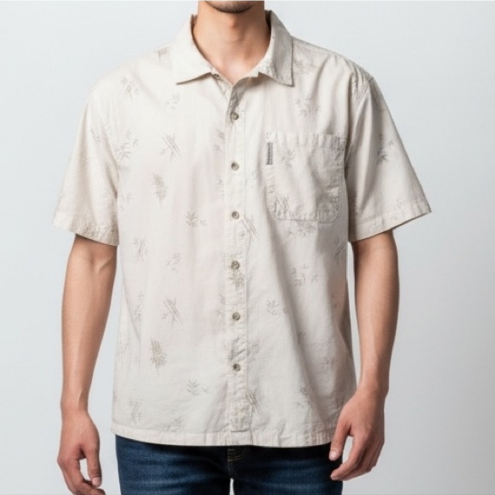 COLUMBIA Ivory & Tan Bamboo Print Cotton Button Down Camp Shirt Size Large